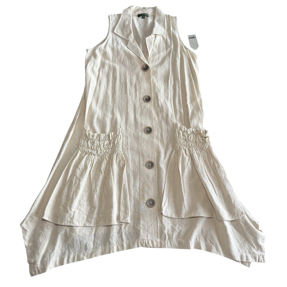 Linen Blend Sleeveless‎ Button Front Vest Dress Sharkbite Hem Boho Beige Small